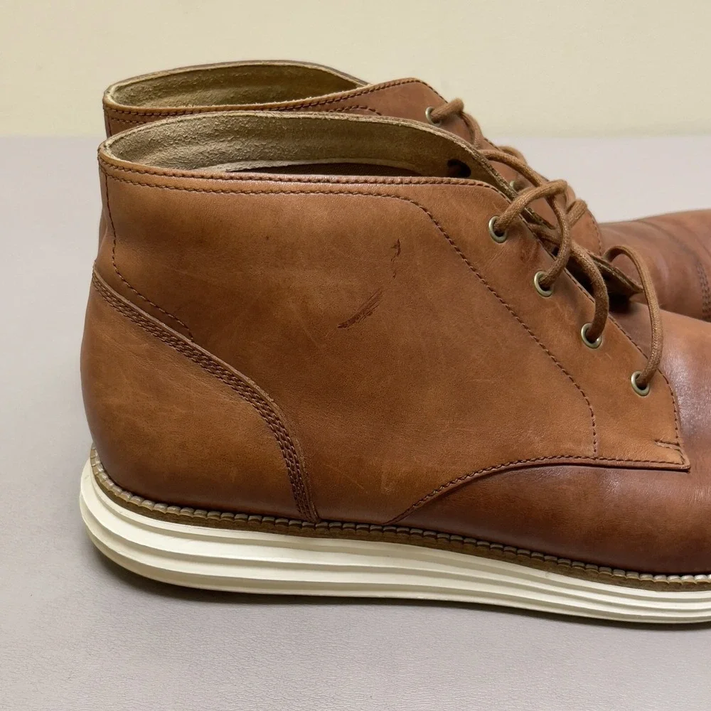 COLE HAAN Grand OS Boots Men 10.5 M Brown Leather Chukka‎ Cap Toe Lace Up Shoes